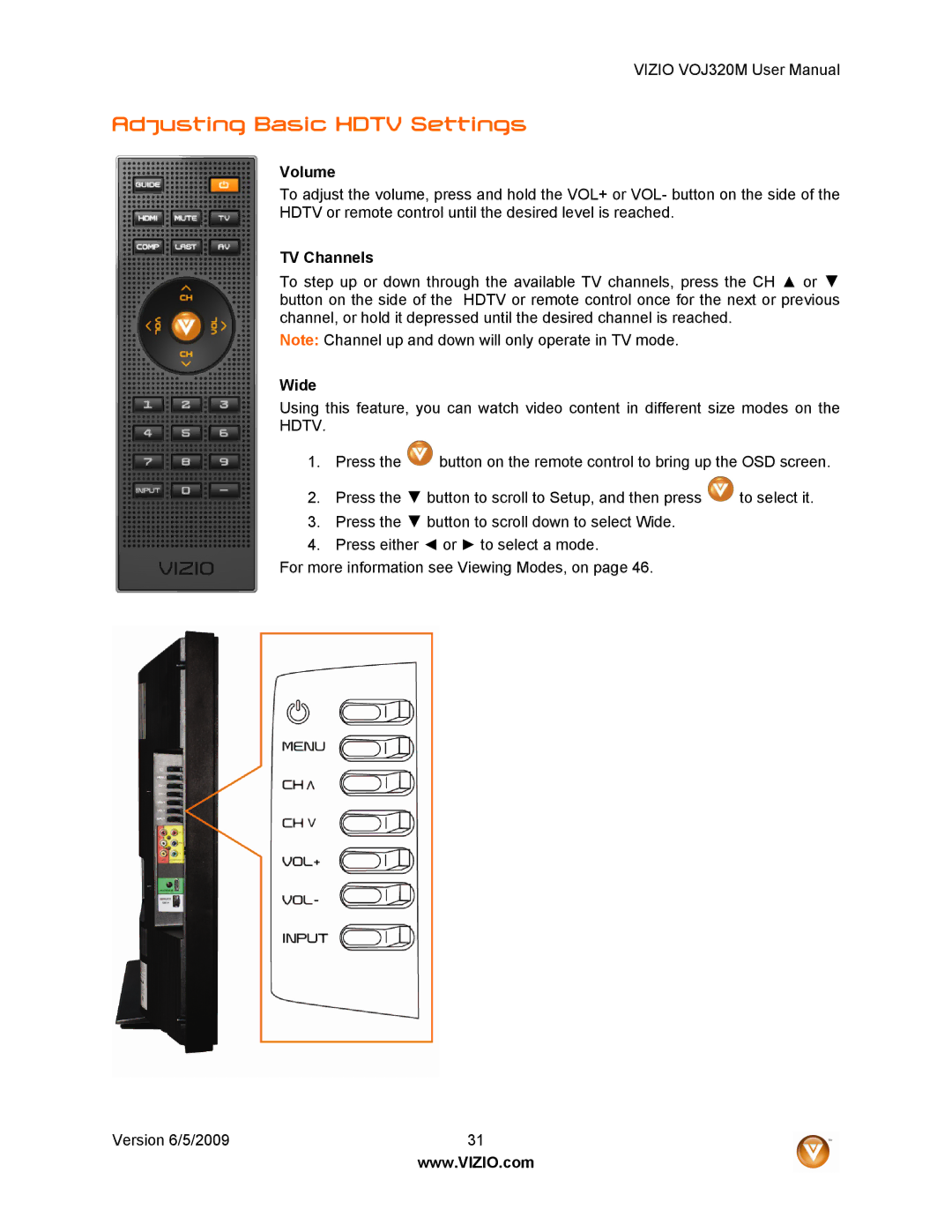 Vizio VOJ320M manual Adjusting Basic Hdtv Settings, Volume, TV Channels, Wide 