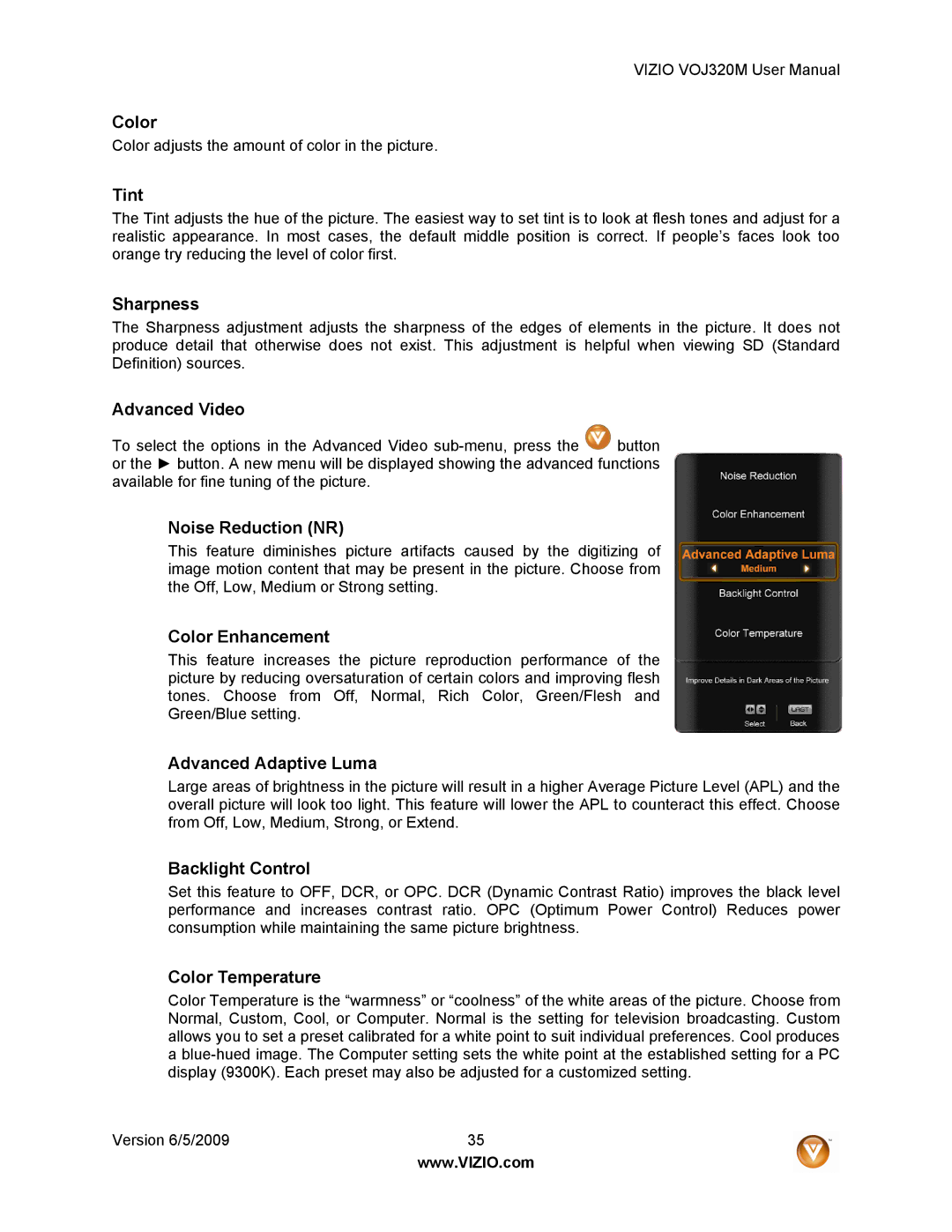 Vizio VOJ320M manual Tint, Sharpness, Advanced Video, Noise Reduction NR, Color Enhancement, Advanced Adaptive Luma 