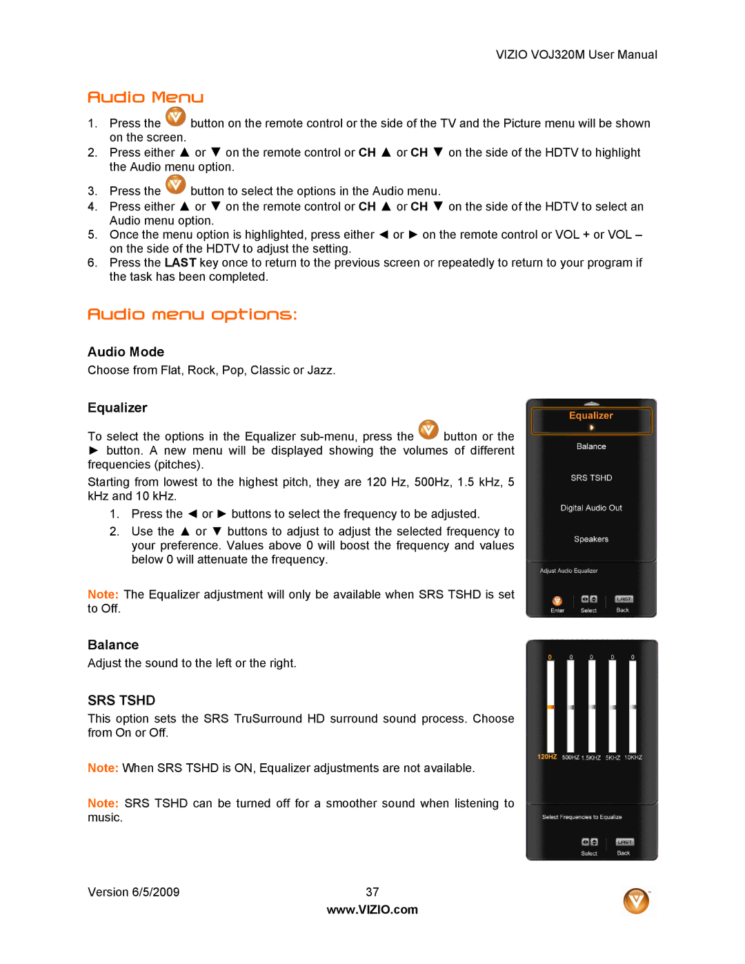 Vizio VOJ320M manual Audio Menu, Audio menu options, Audio Mode, Equalizer, Balance 