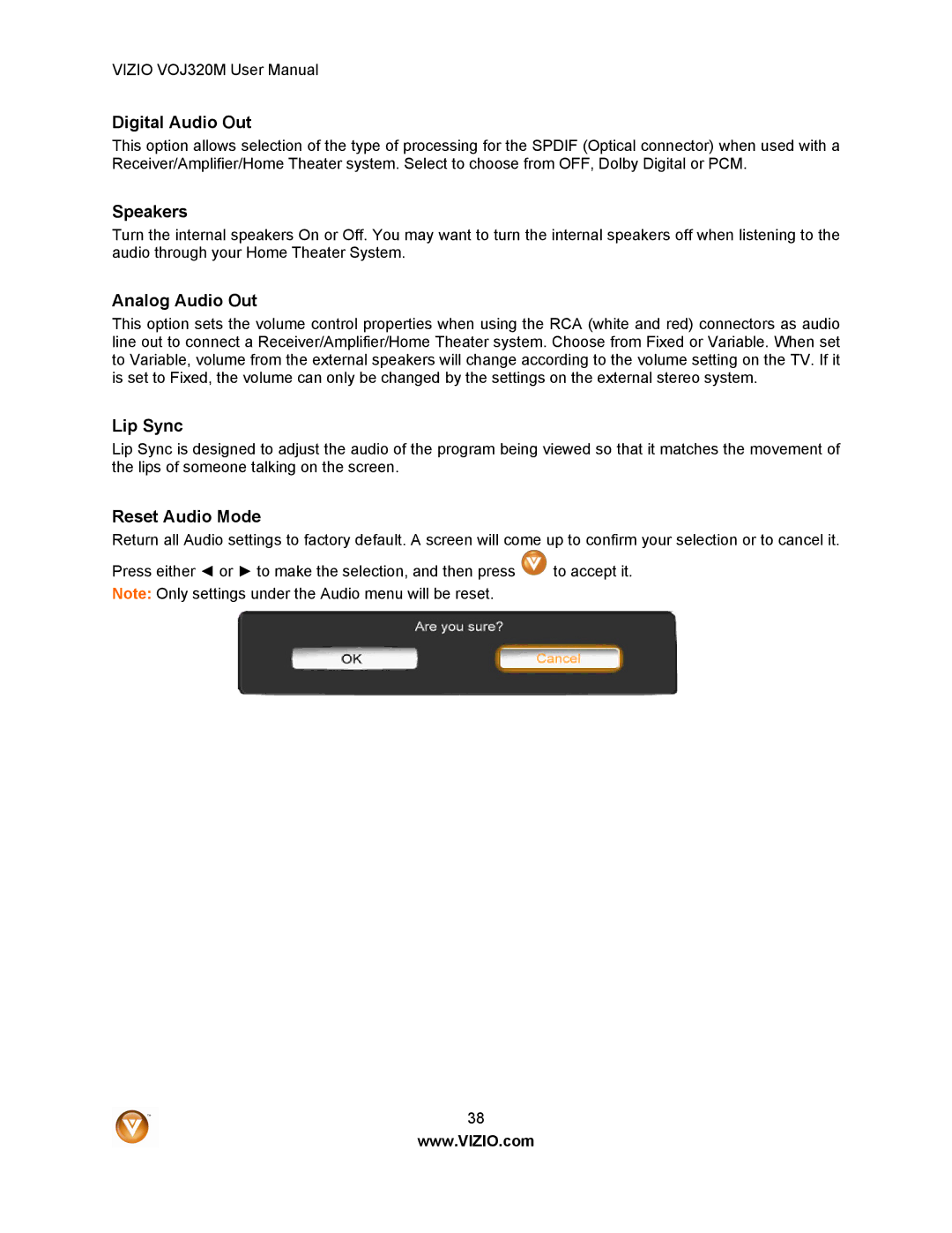 Vizio VOJ320M manual Digital Audio Out, Speakers, Analog Audio Out, Lip Sync, Reset Audio Mode 