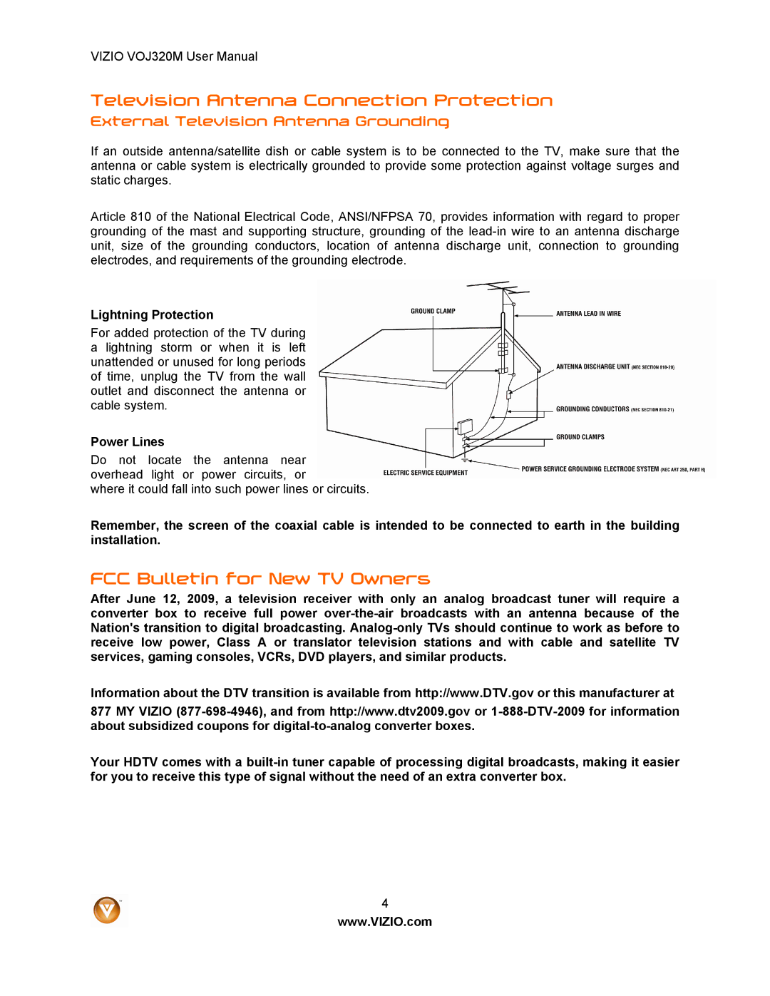 Vizio VOJ320M Television Antenna Connection Protection, FCC Bulletin for New TV Owners, Lightning Protection, Power Lines 