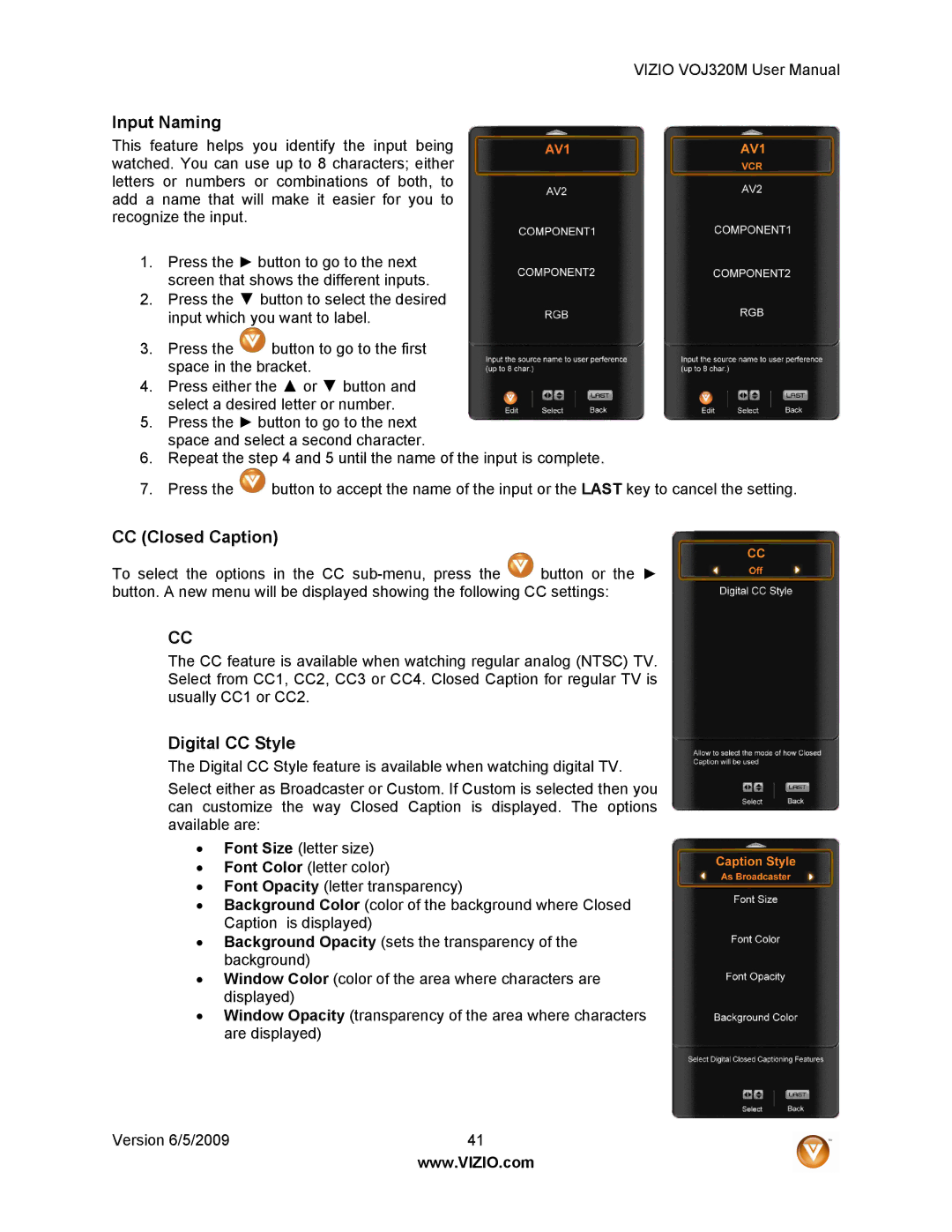 Vizio VOJ320M manual Input Naming, CC Closed Caption, Digital CC Style 