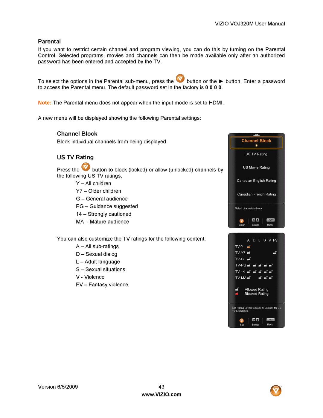 Vizio VOJ320M manual Parental, Channel Block, US TV Rating 