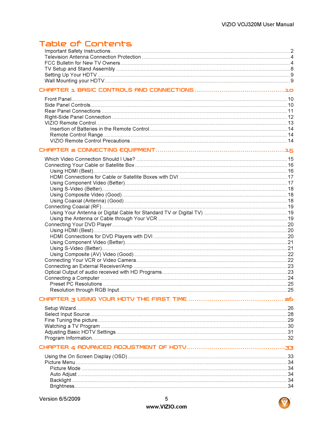 Vizio VOJ320M manual Table of Contents 