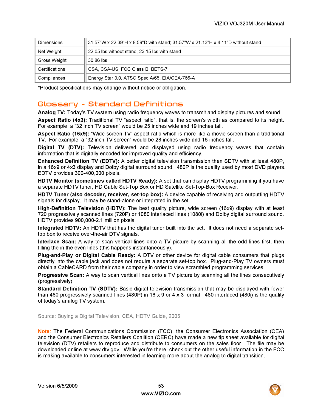 Vizio VOJ320M manual Glossary Standard Definitions 