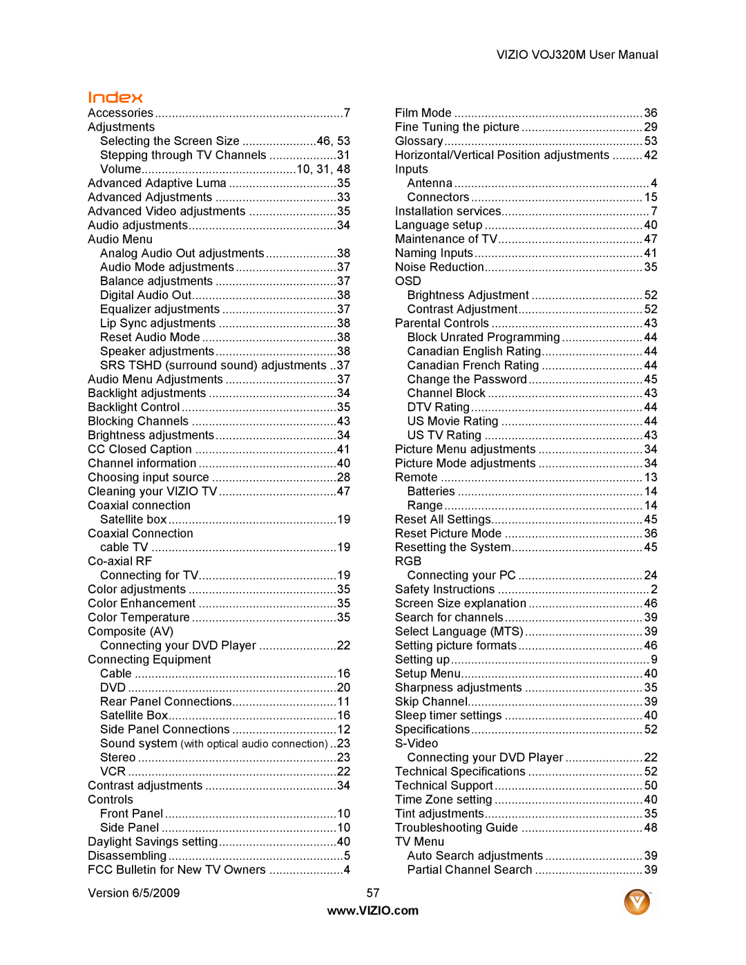 Vizio VOJ320M manual Index, Controls 