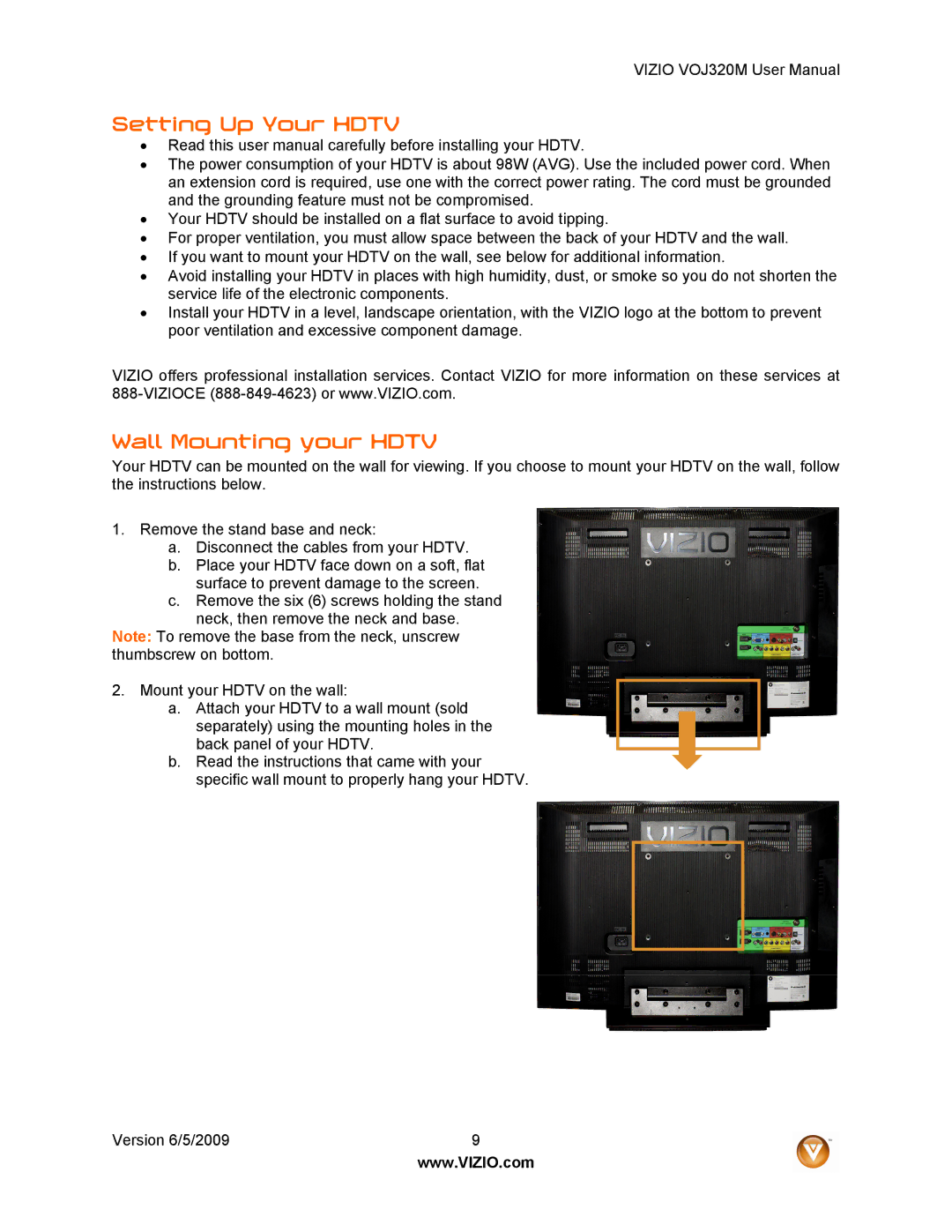 Vizio VOJ320M manual Setting Up Your Hdtv, Wall Mounting your Hdtv 