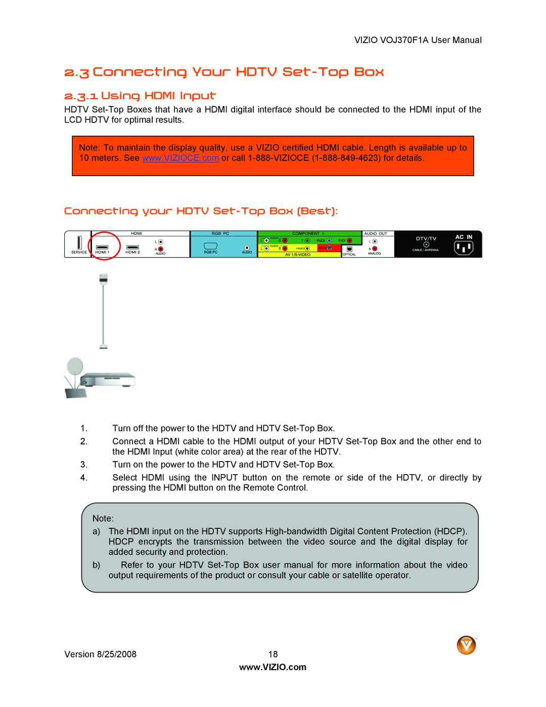 Vizio VOJ370F1A user manual Connecting Your Hdtv Set-Top Box, Using Hdmi Input, Connecting your Hdtv Set-Top Box Best 