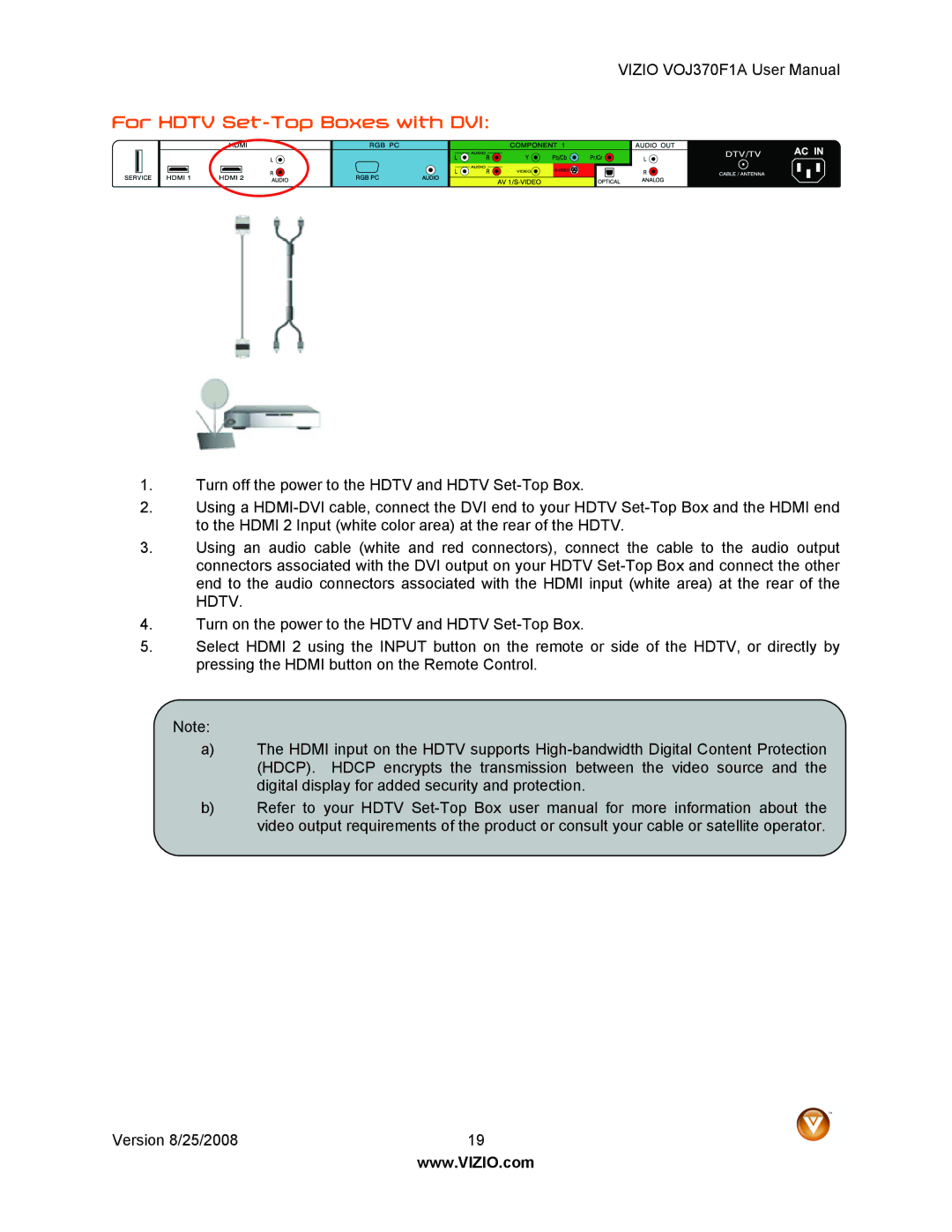 Vizio VOJ370F1A user manual For Hdtv Set-Top Boxes with DVI 