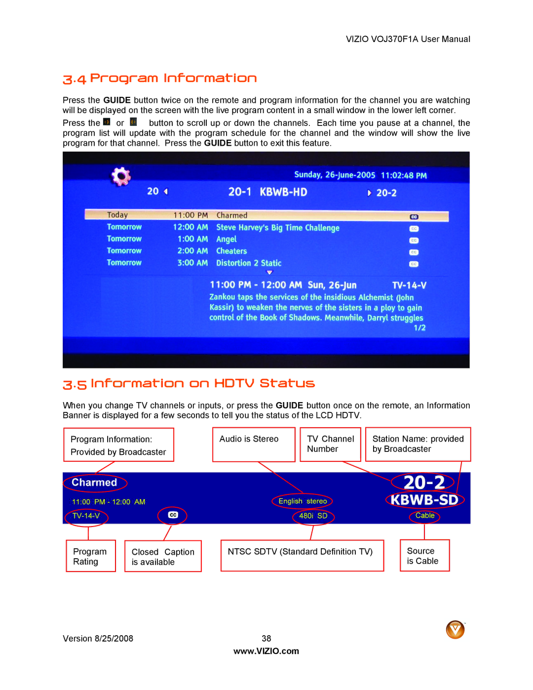 Vizio VOJ370F1A user manual Program Information, Information on Hdtv Status 