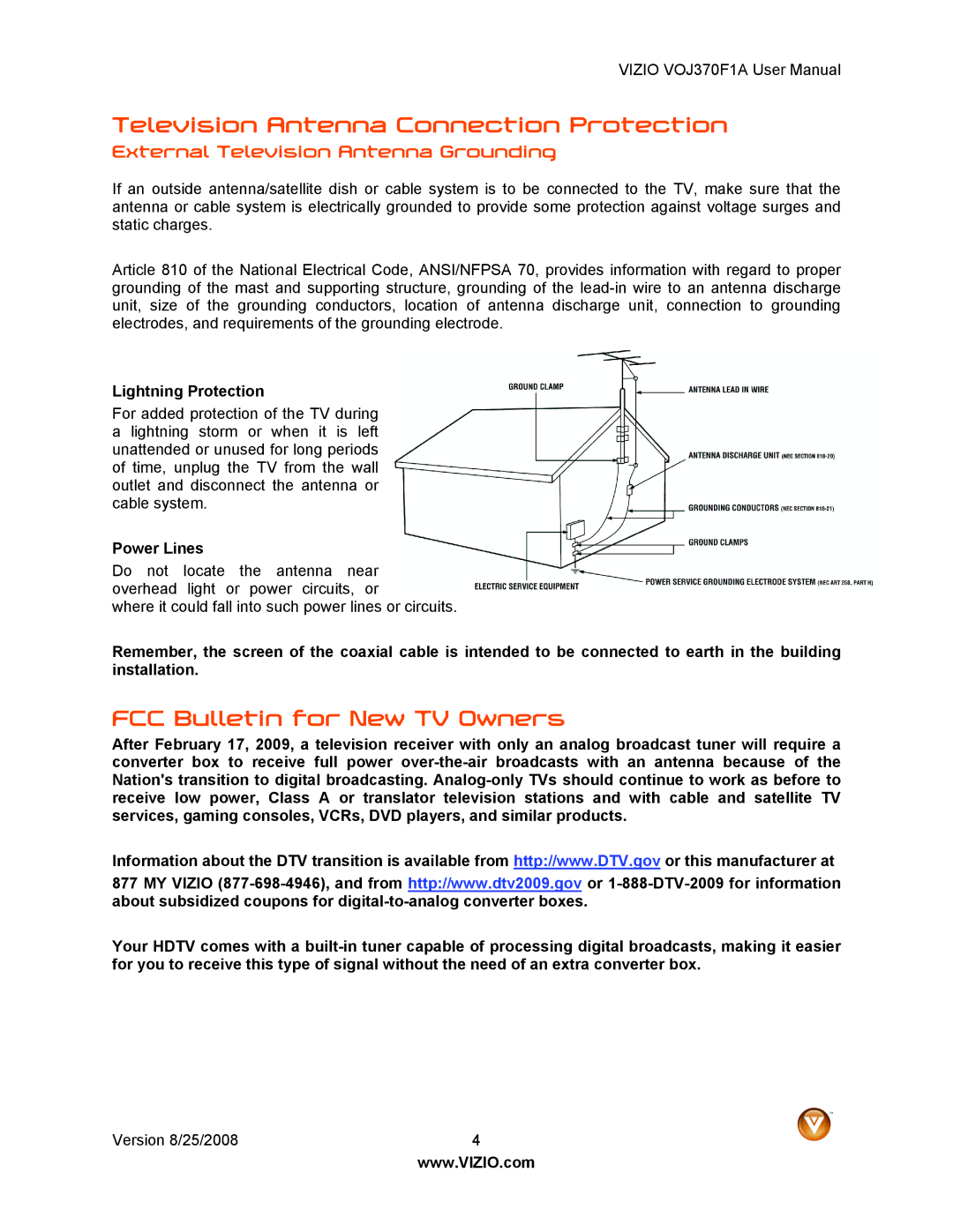 Vizio VOJ370F1A user manual Television Antenna Connection Protection, FCC Bulletin for New TV Owners, Lightning Protection 