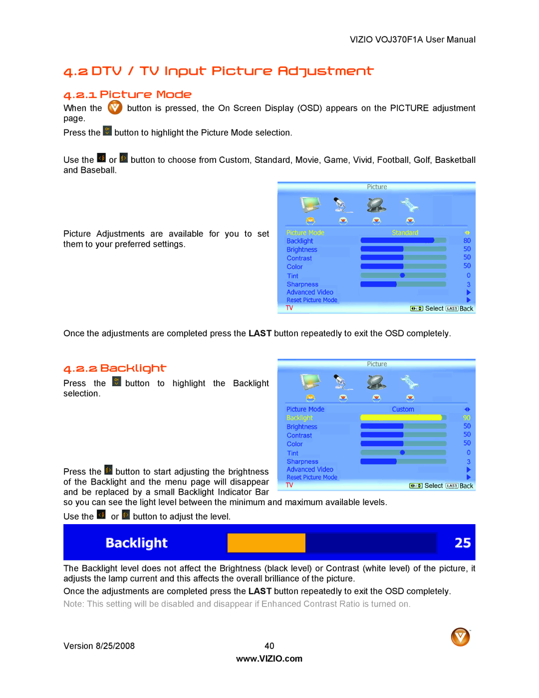 Vizio VOJ370F1A user manual DTV / TV Input Picture Adjustment, Picture Mode, Backlight 