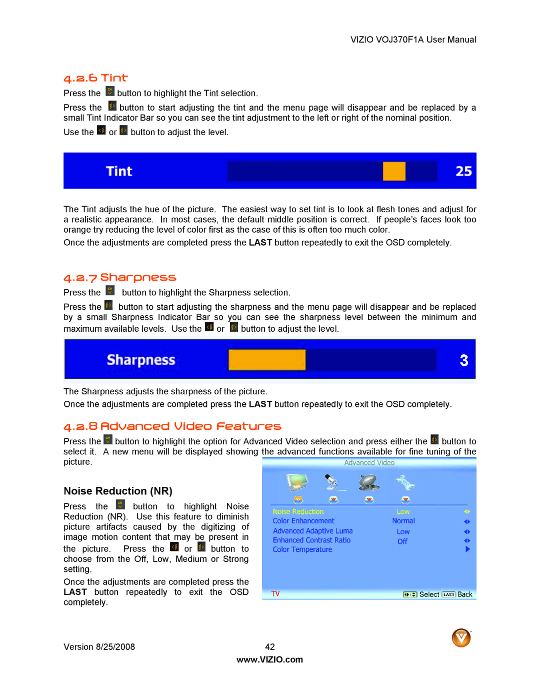 Vizio VOJ370F1A user manual Tint, Sharpness, Advanced Video Features 