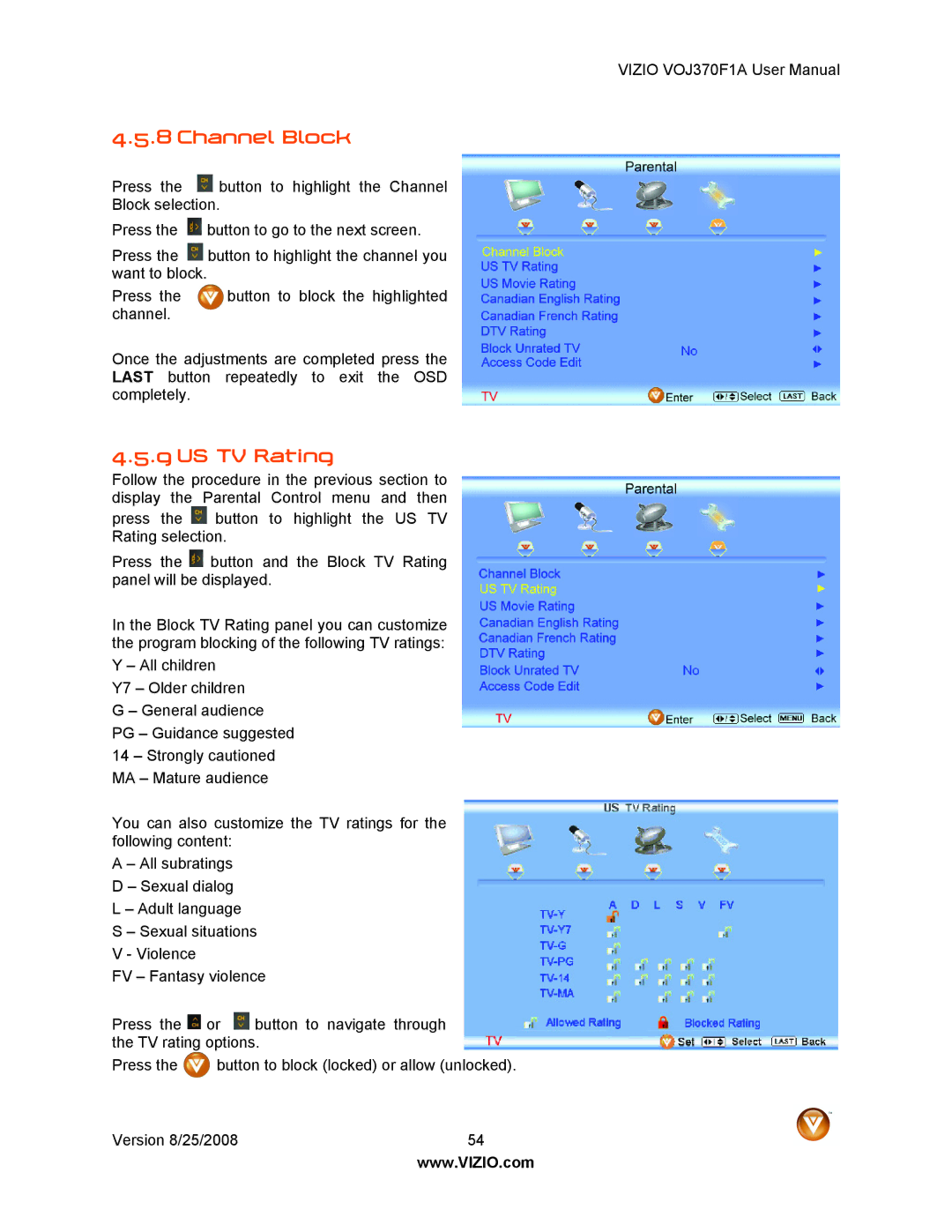 Vizio VOJ370F1A user manual Channel Block, US TV Rating 