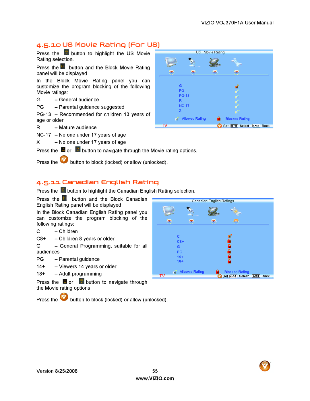 Vizio VOJ370F1A user manual US Movie Rating For US, Canadian English Rating 