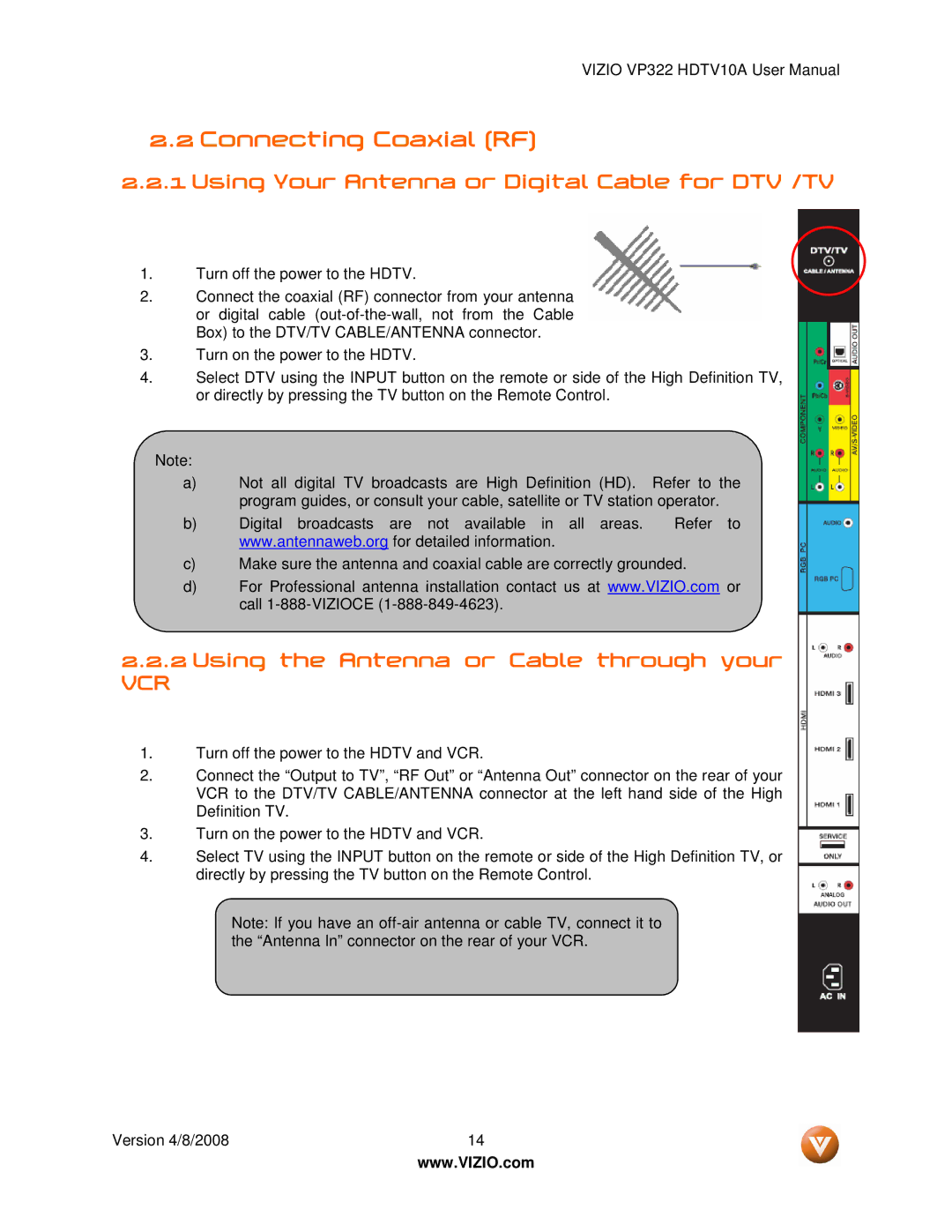 Vizio VP322 manual Connecting Coaxial RF, Using Your Antenna or Digital Cable for DTV /TV 