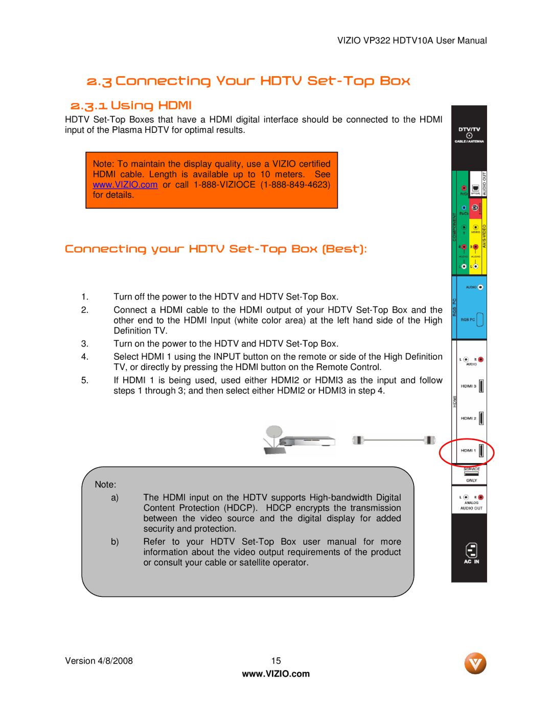 Vizio VP322 manual Connecting Your Hdtv Set-Top Box, Using Hdmi, Connecting your Hdtv Set-Top Box Best 