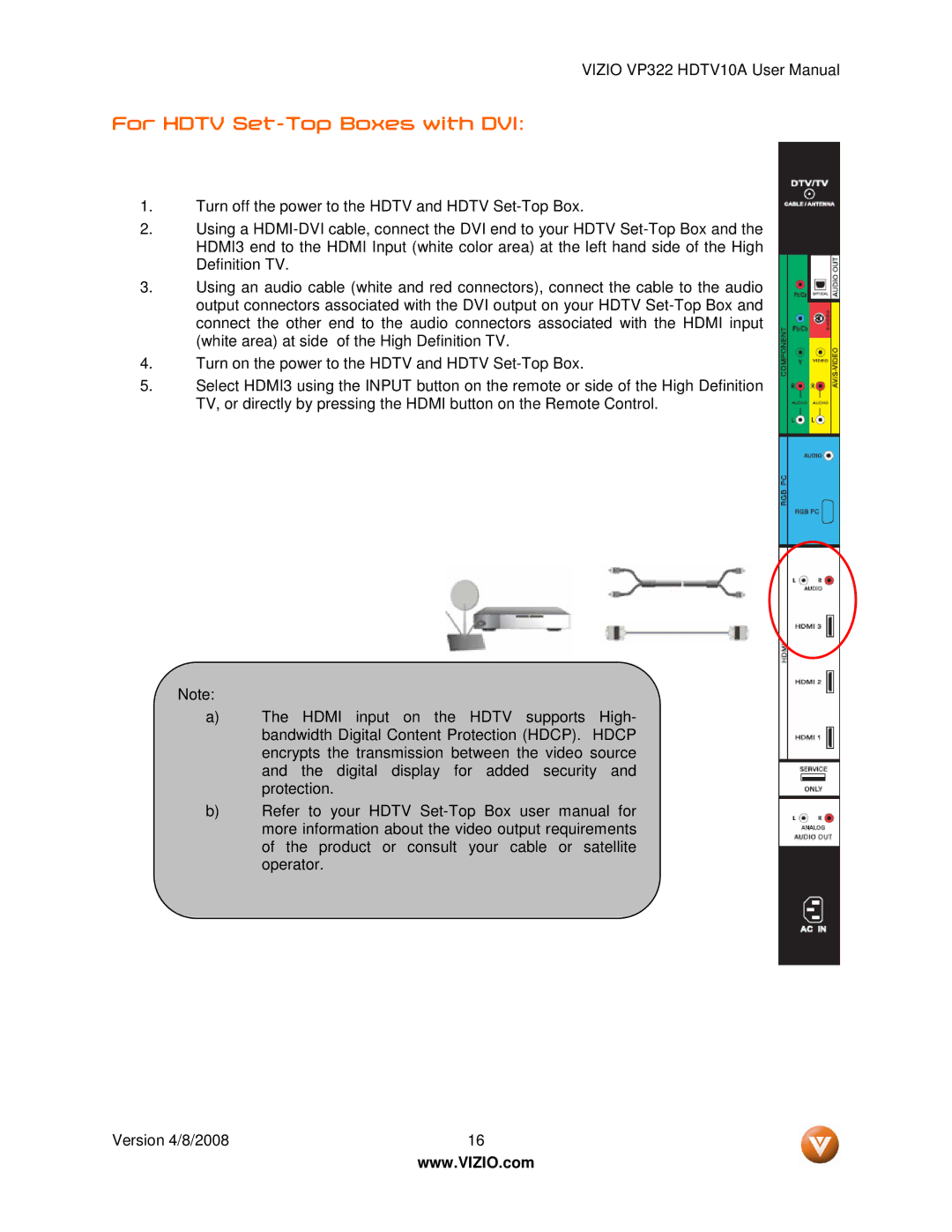 Vizio VP322 manual For Hdtv Set-Top Boxes with DVI 