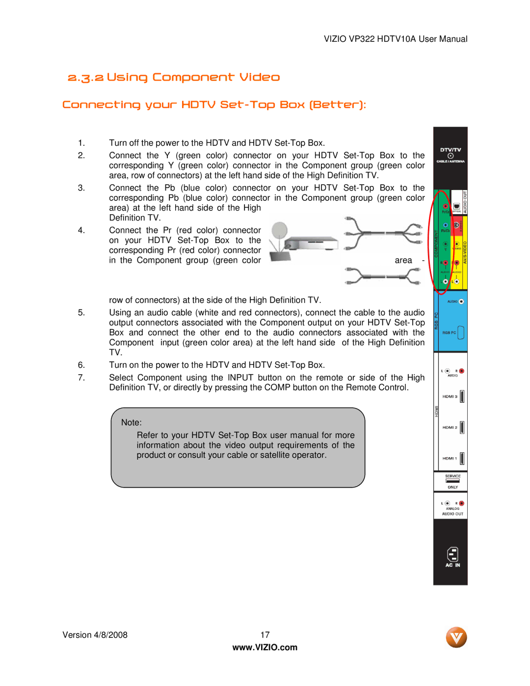 Vizio VP322 manual Using Component Video, Connecting your Hdtv Set-Top Box Better 