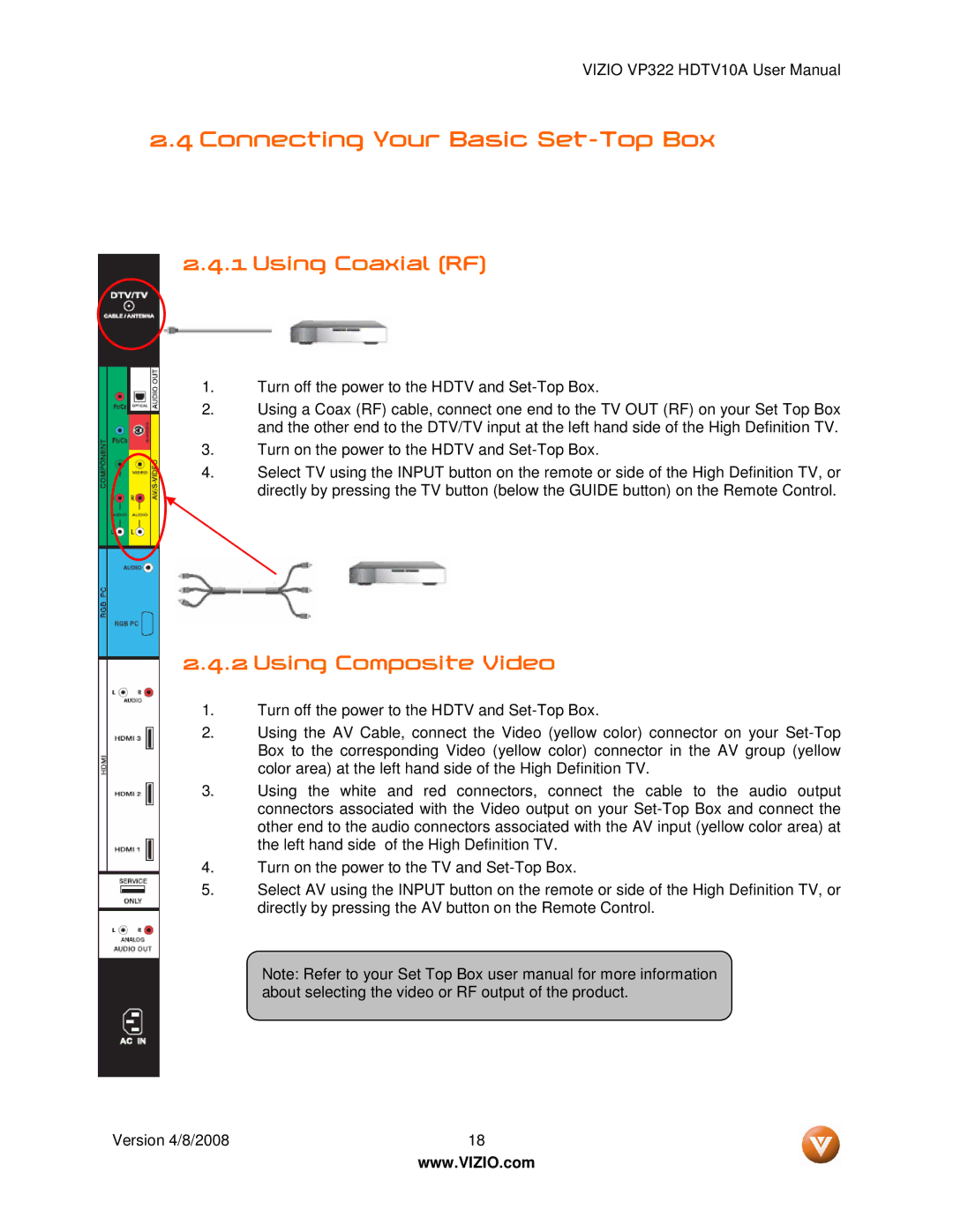 Vizio VP322 manual Connecting Your Basic Set-Top Box, Using Coaxial RF, Using Composite Video 