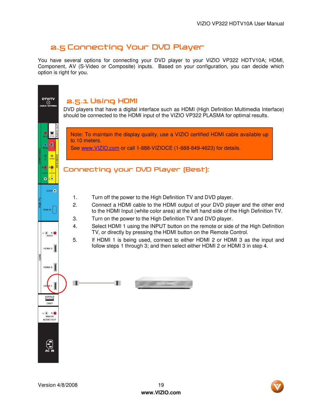 Vizio VP322 manual Connecting Your DVD Player, Connecting your DVD Player Best 