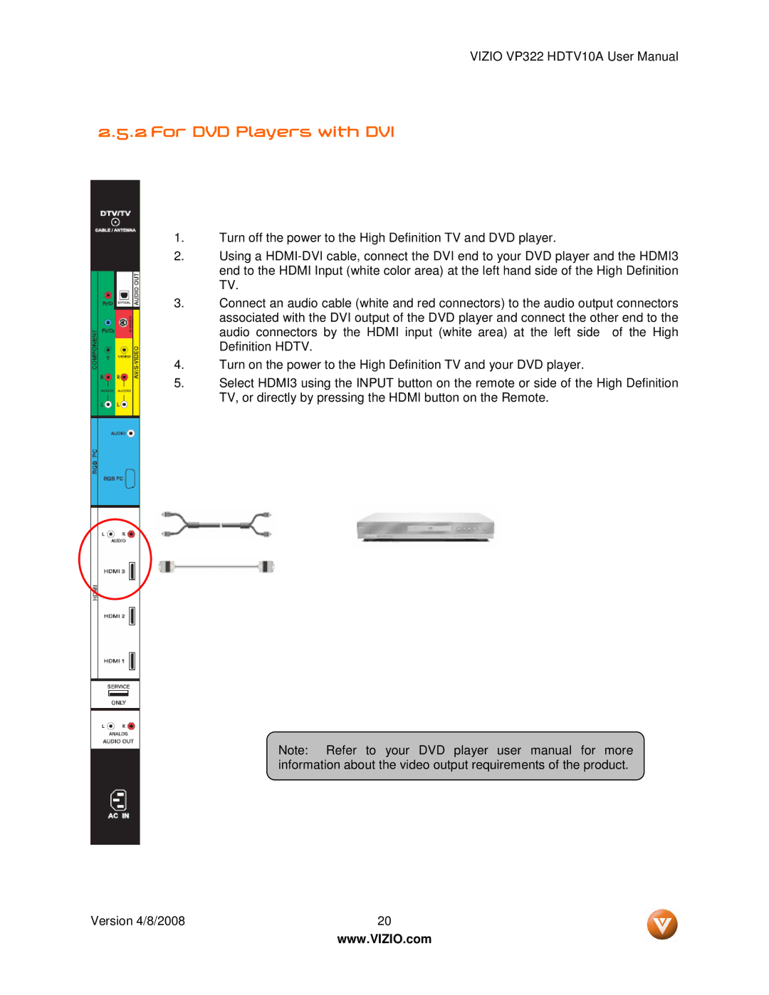 Vizio VP322 manual For DVD Players with DVI 