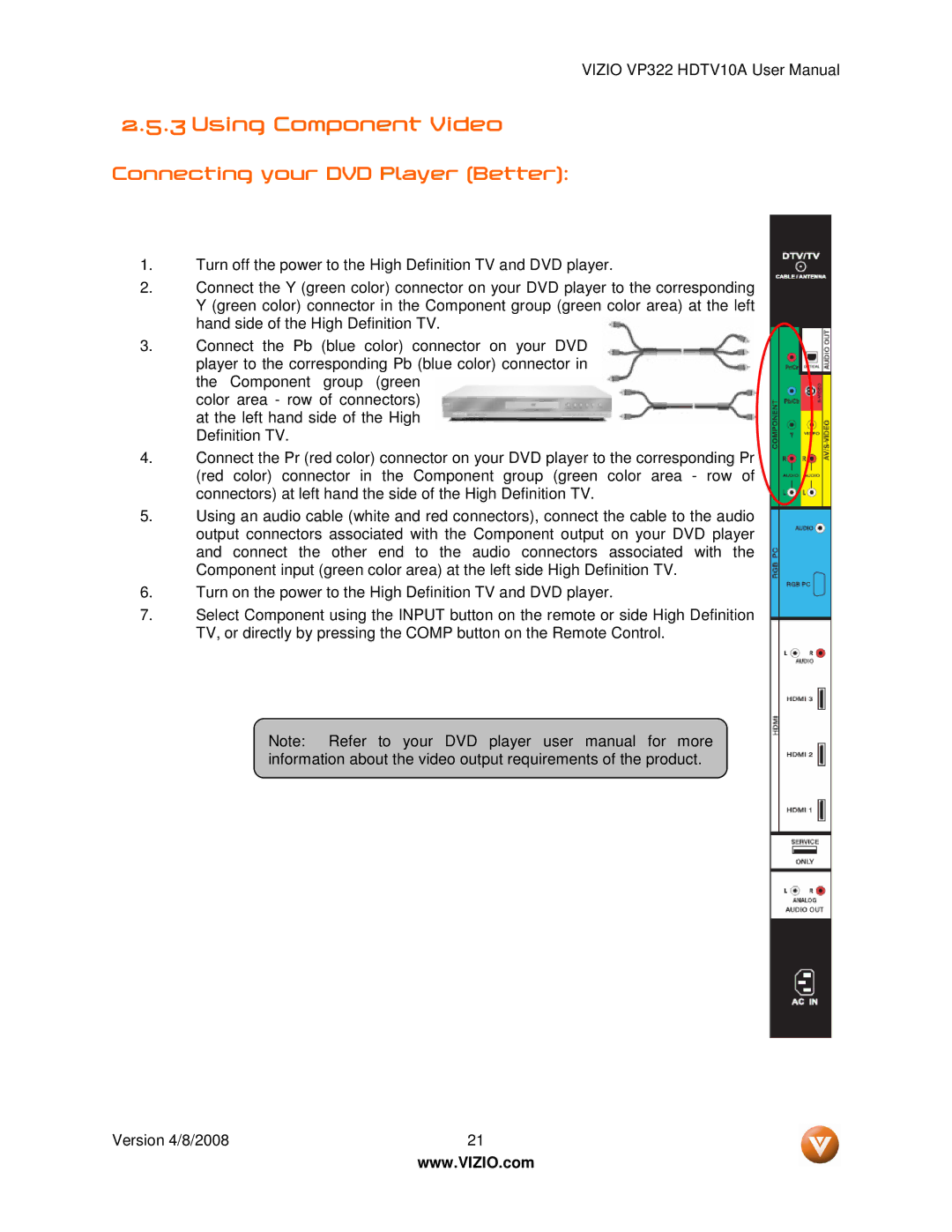 Vizio VP322 manual Using Component Video, Connecting your DVD Player Better 