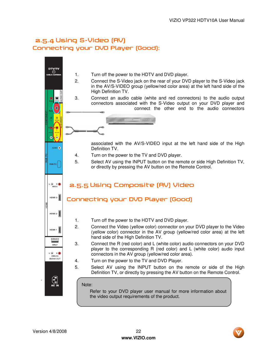 Vizio VP322 manual Using S-Video AV, Using Composite AV Video, Connecting your DVD Player Good 