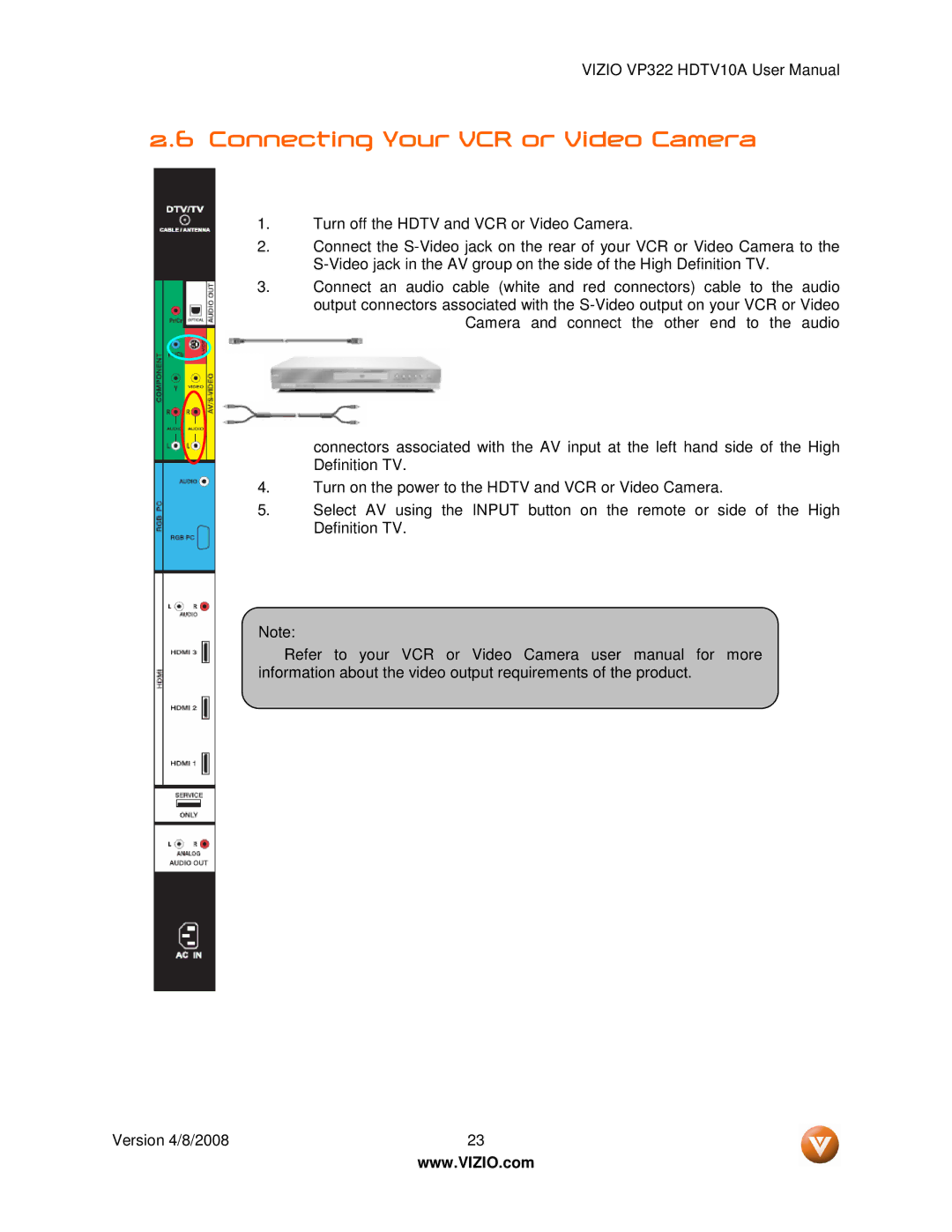 Vizio VP322 manual Connecting Your VCR or Video Camera 