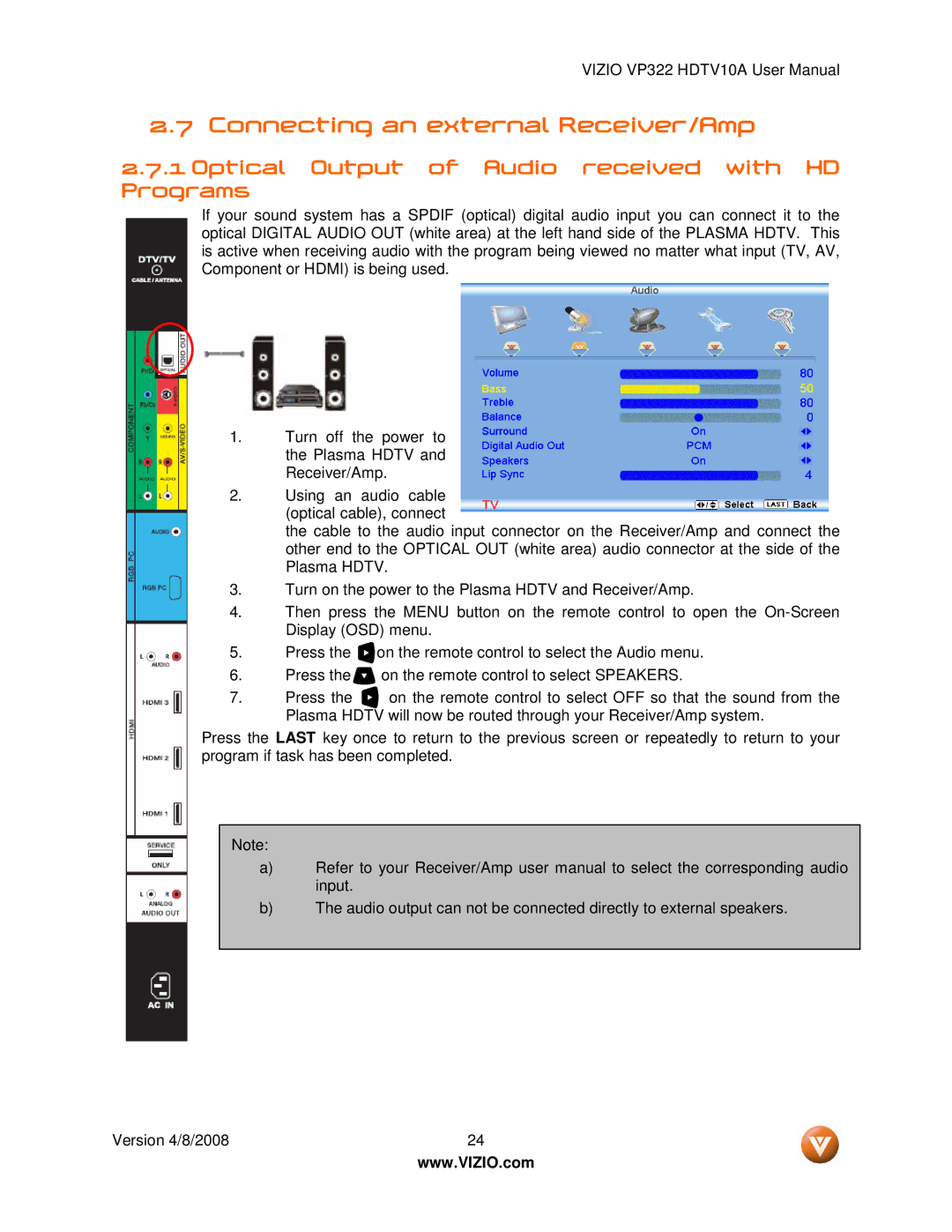 Vizio VP322 manual Connecting an external Receiver/Amp, Optical Output of Audio received with HD Programs 