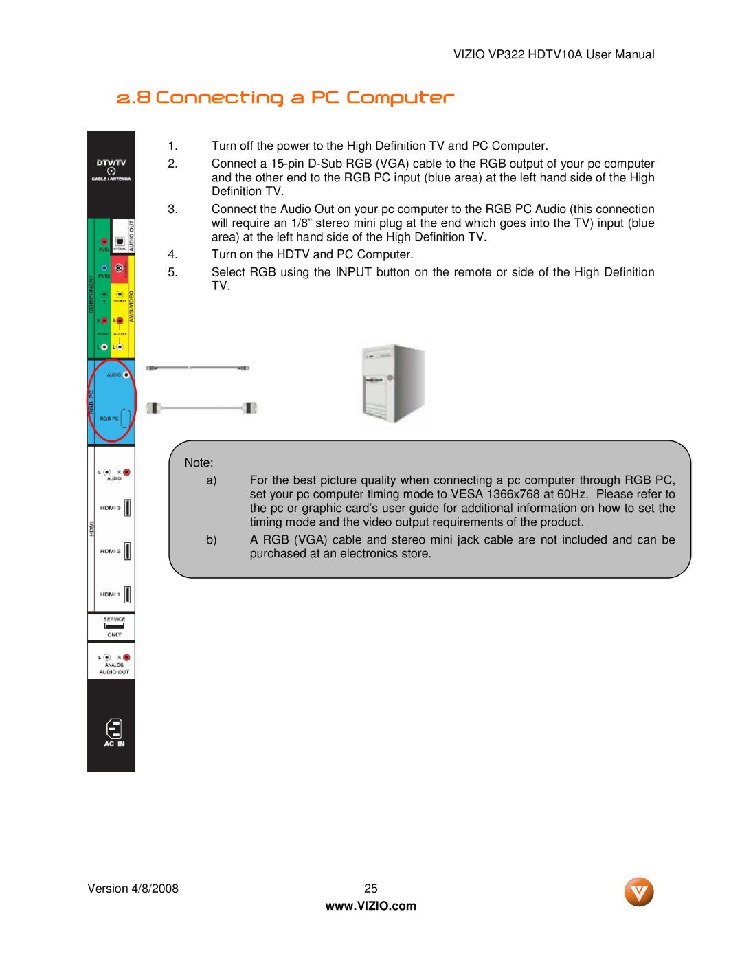 Vizio VP322 manual Connecting a PC Computer 