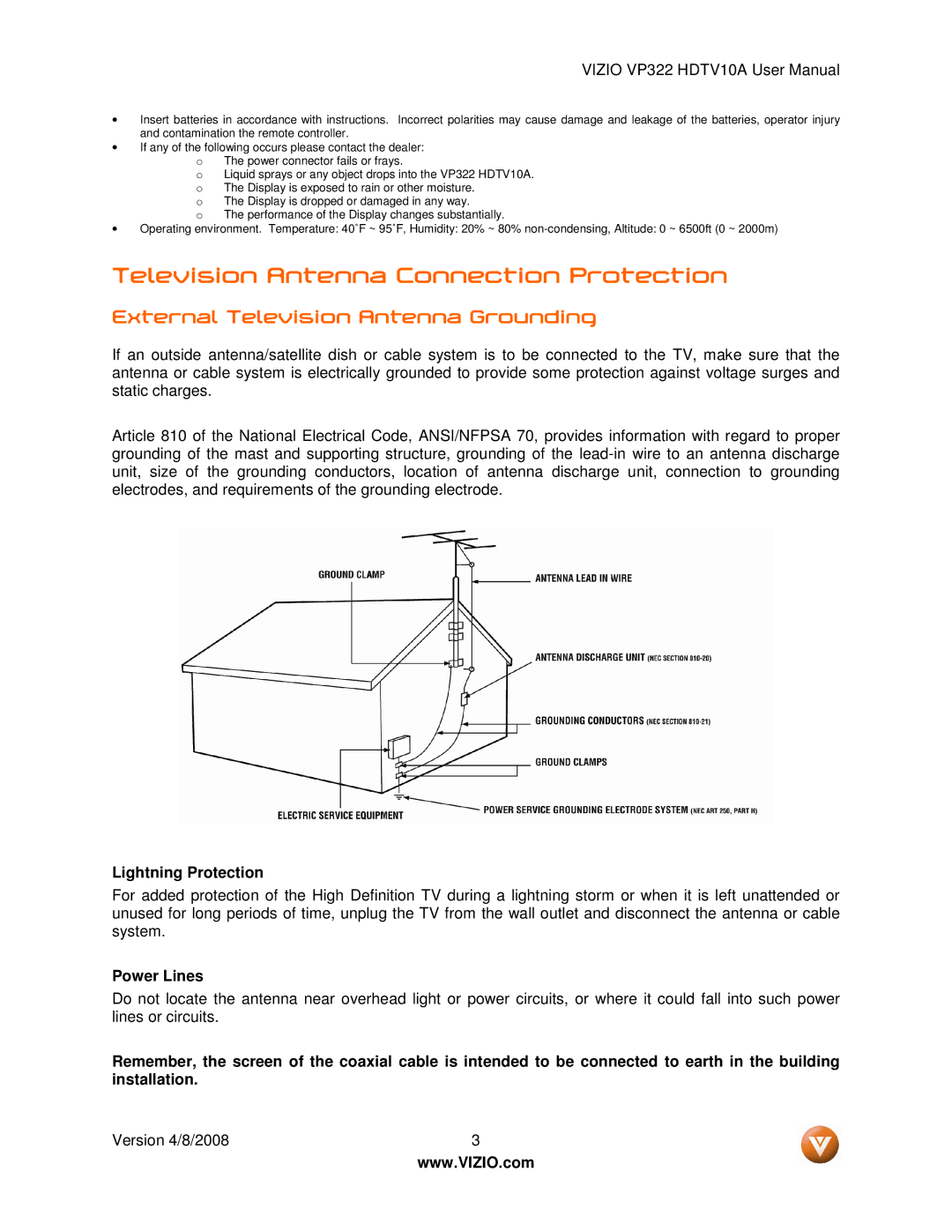 Vizio VP322 manual Television Antenna Connection Protection, External Television Antenna Grounding, Lightning Protection 