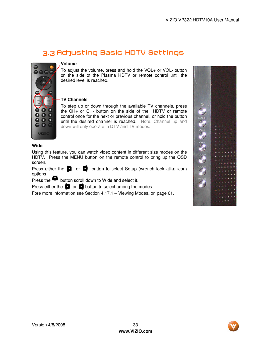 Vizio VP322 manual Adjusting Basic Hdtv Settings, Volume, TV Channels, Wide 