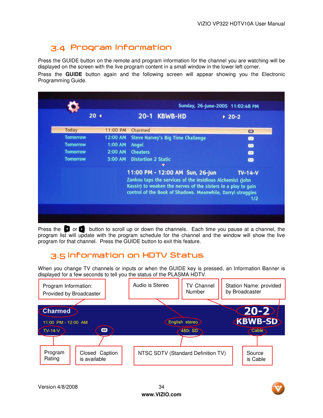 Vizio VP322 manual Program Information, Information on Hdtv Status 