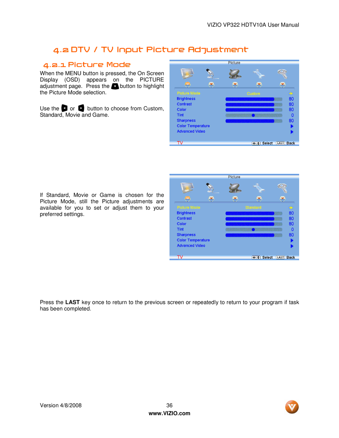 Vizio VP322 manual DTV / TV Input Picture Adjustment, Picture Mode 