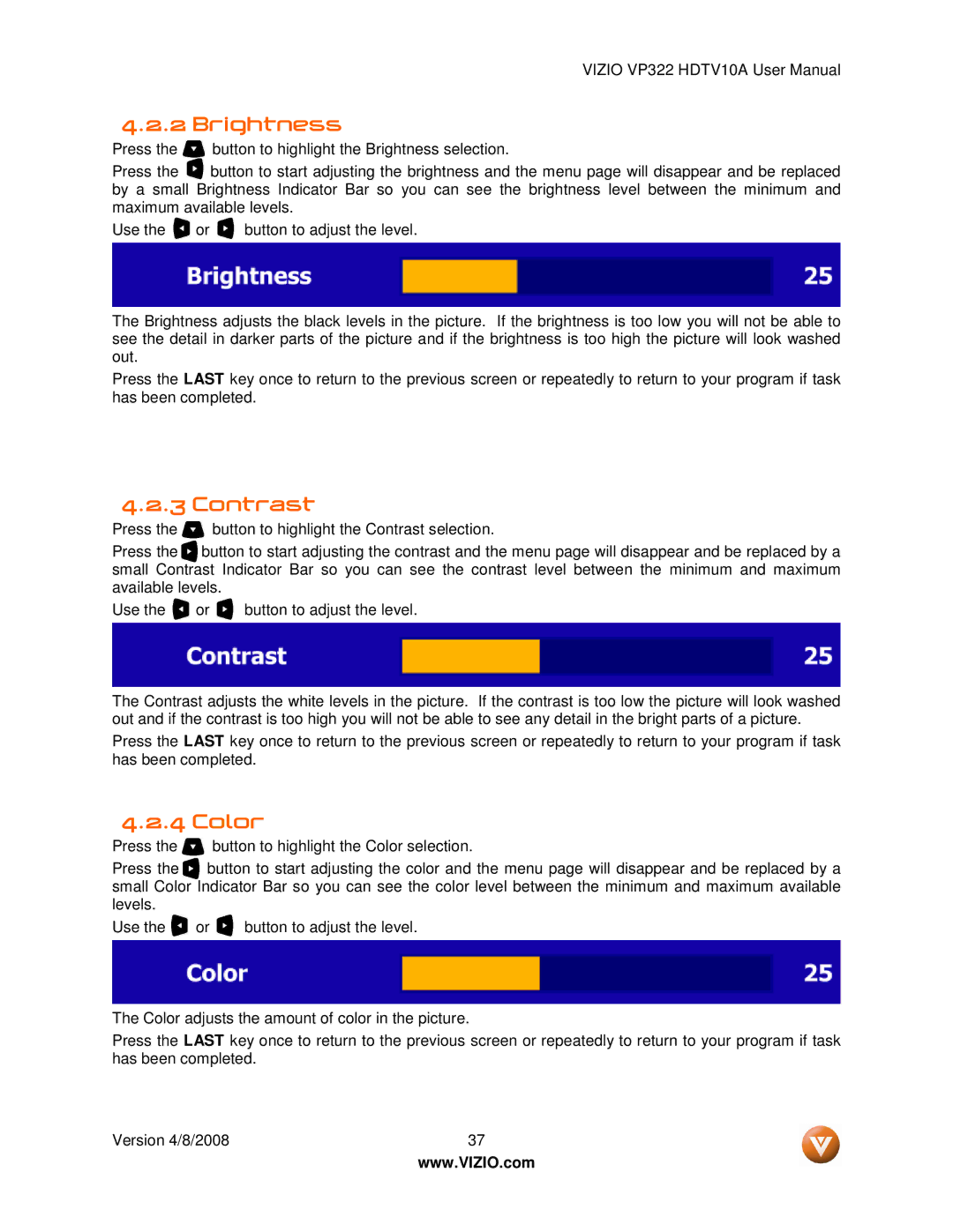 Vizio VP322 manual Brightness, Contrast, Color 