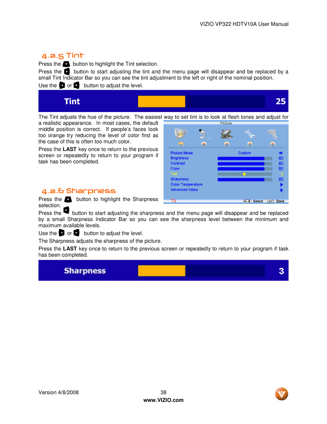 Vizio VP322 manual Tint, Sharpness 