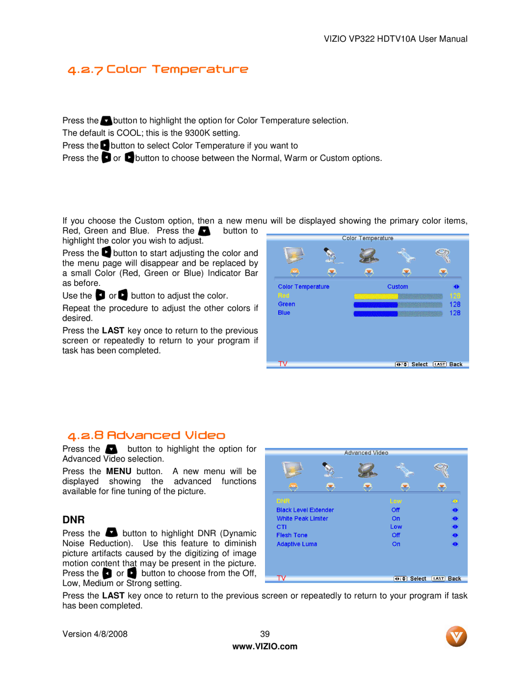 Vizio VP322 manual Color Temperature, Advanced Video 
