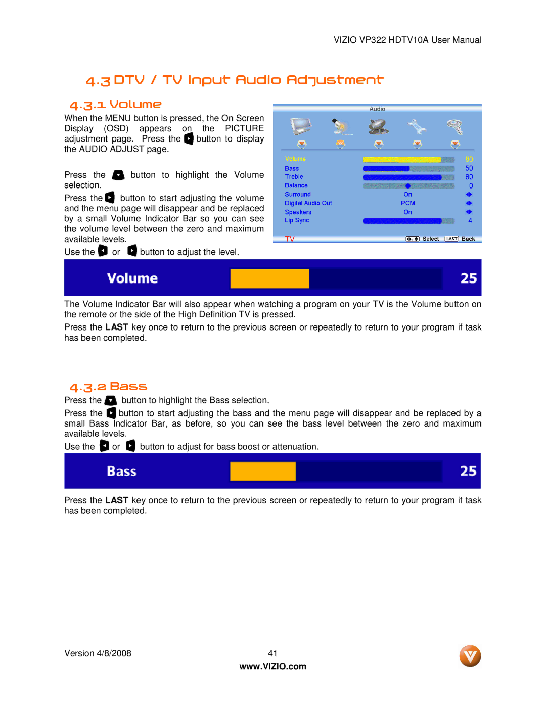 Vizio VP322 manual DTV / TV Input Audio Adjustment, Volume, Bass 