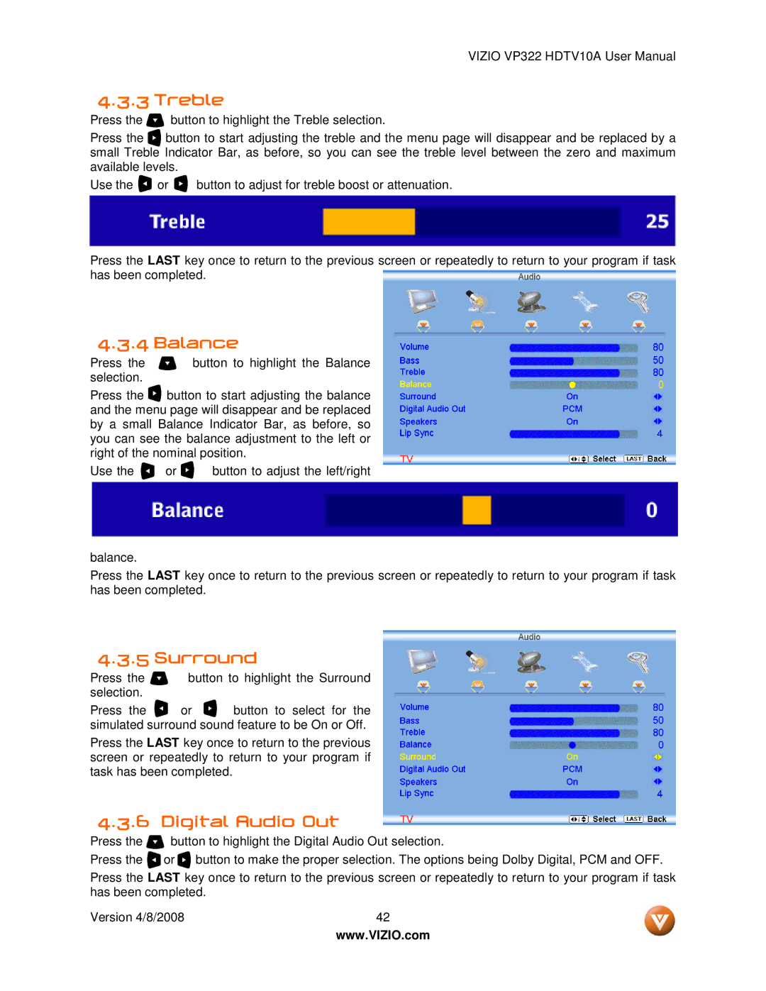 Vizio VP322 manual Treble, Balance, Surround, Digital Audio Out 
