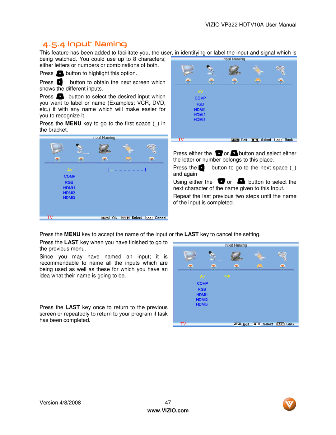 Vizio VP322 manual Input Naming 