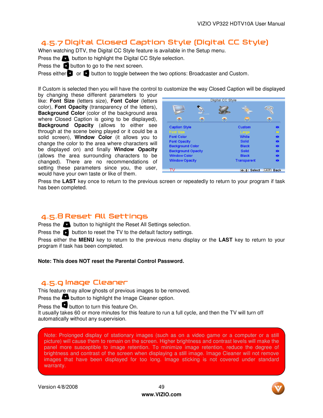 Vizio VP322 manual Digital Closed Caption Style Digital CC Style, Reset All Settings, Image Cleaner 