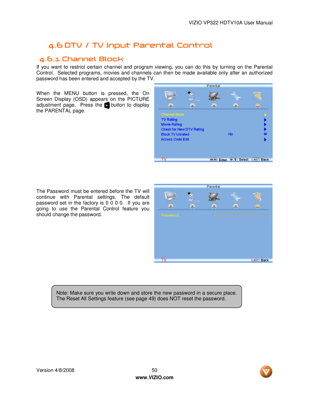 Vizio VP322 manual DTV / TV Input Parental Control, Channel Block 