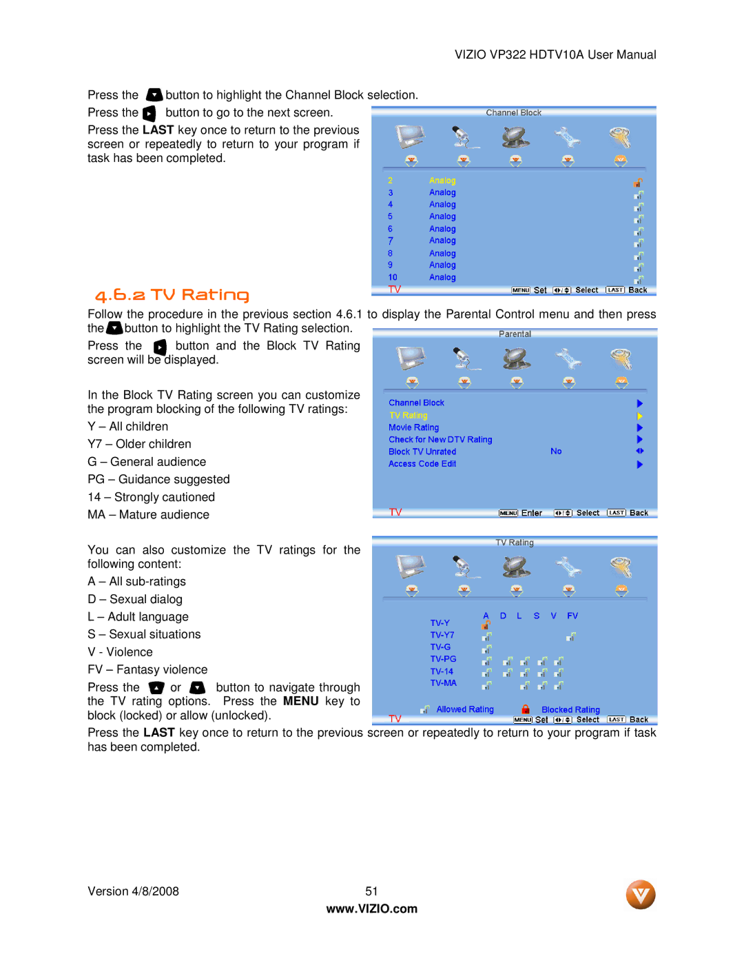 Vizio VP322 manual TV Rating 