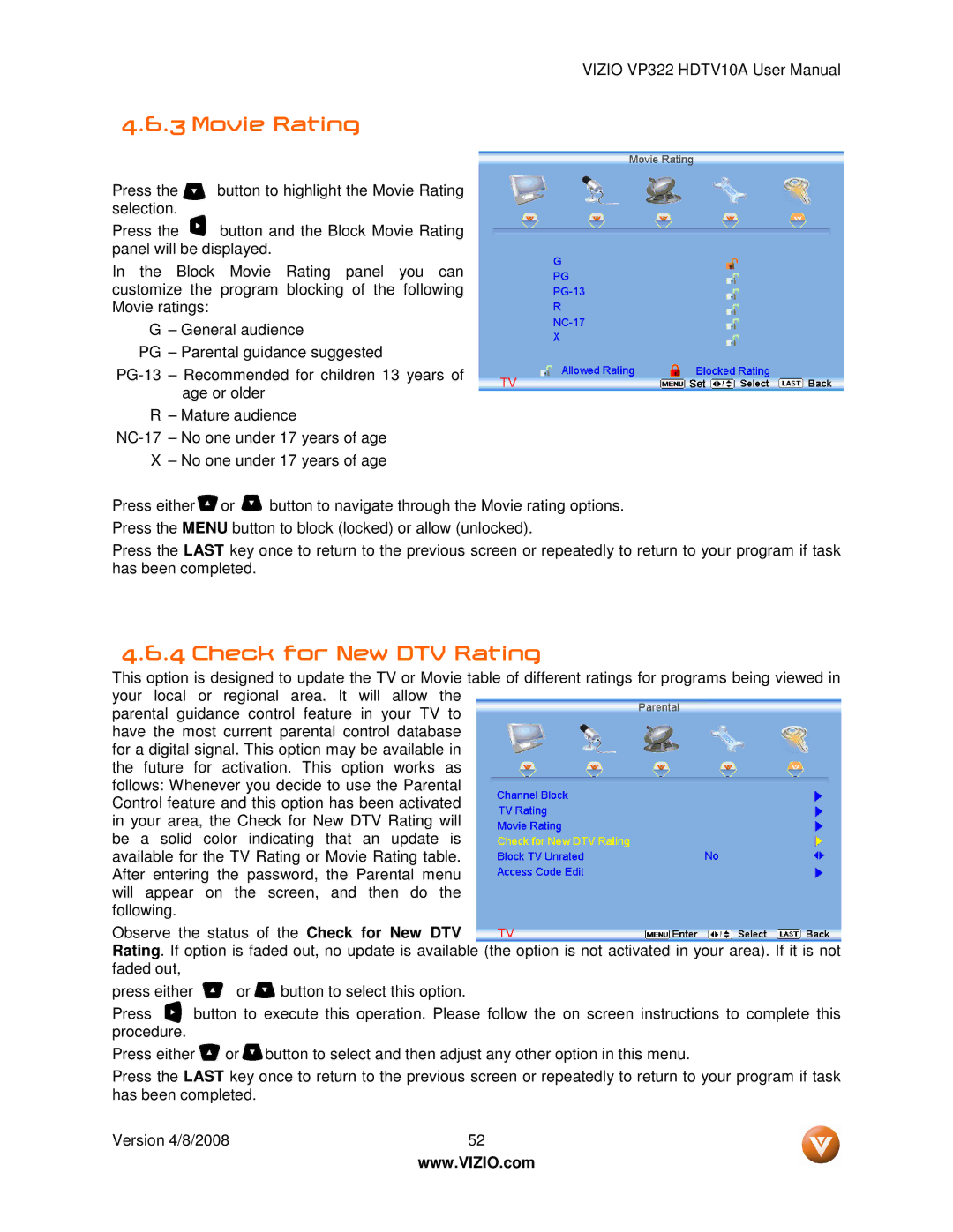 Vizio VP322 manual Movie Rating, Check for New DTV Rating 