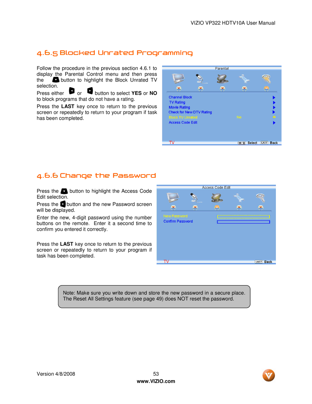 Vizio VP322 manual Blocked Unrated Programming, Change the Password 