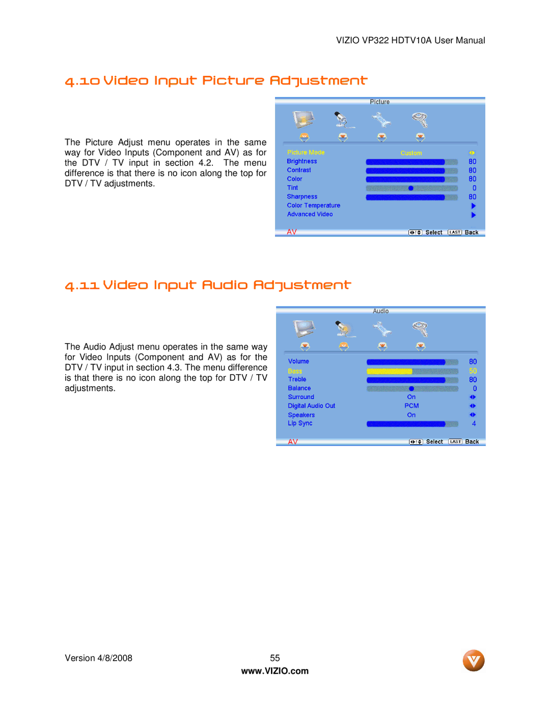 Vizio VP322 manual Video Input Picture Adjustment, Video Input Audio Adjustment 