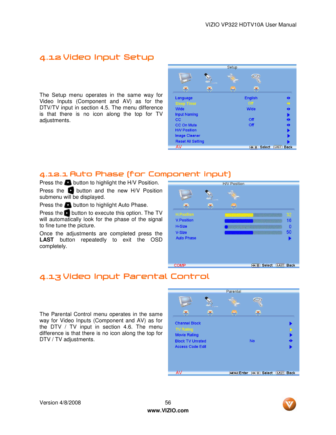 Vizio VP322 manual Video Input Setup, Video Input Parental Control, Auto Phase for Component input 