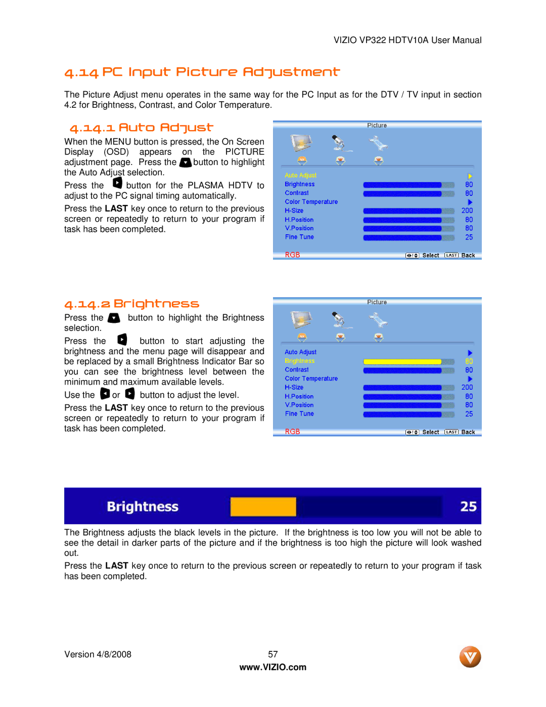 Vizio VP322 manual PC Input Picture Adjustment, Auto Adjust 