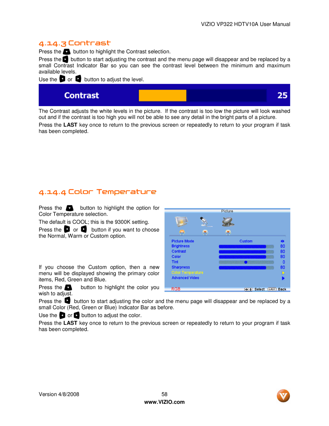 Vizio VP322 manual Contrast 